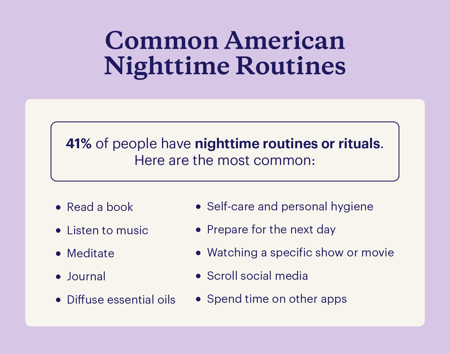 A list of 10 common nighttime routines, including reading and preparing for the next day.