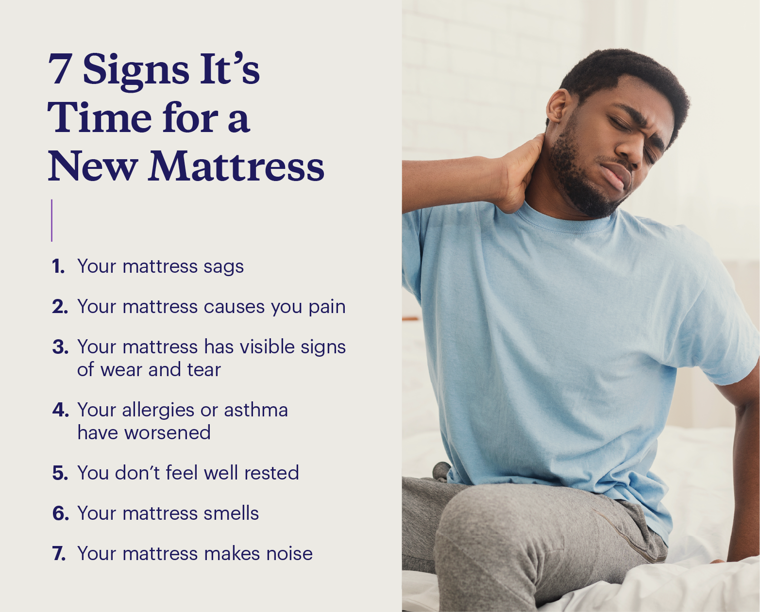 List of signs it’s time for a new mattress and man on bed with sore neck