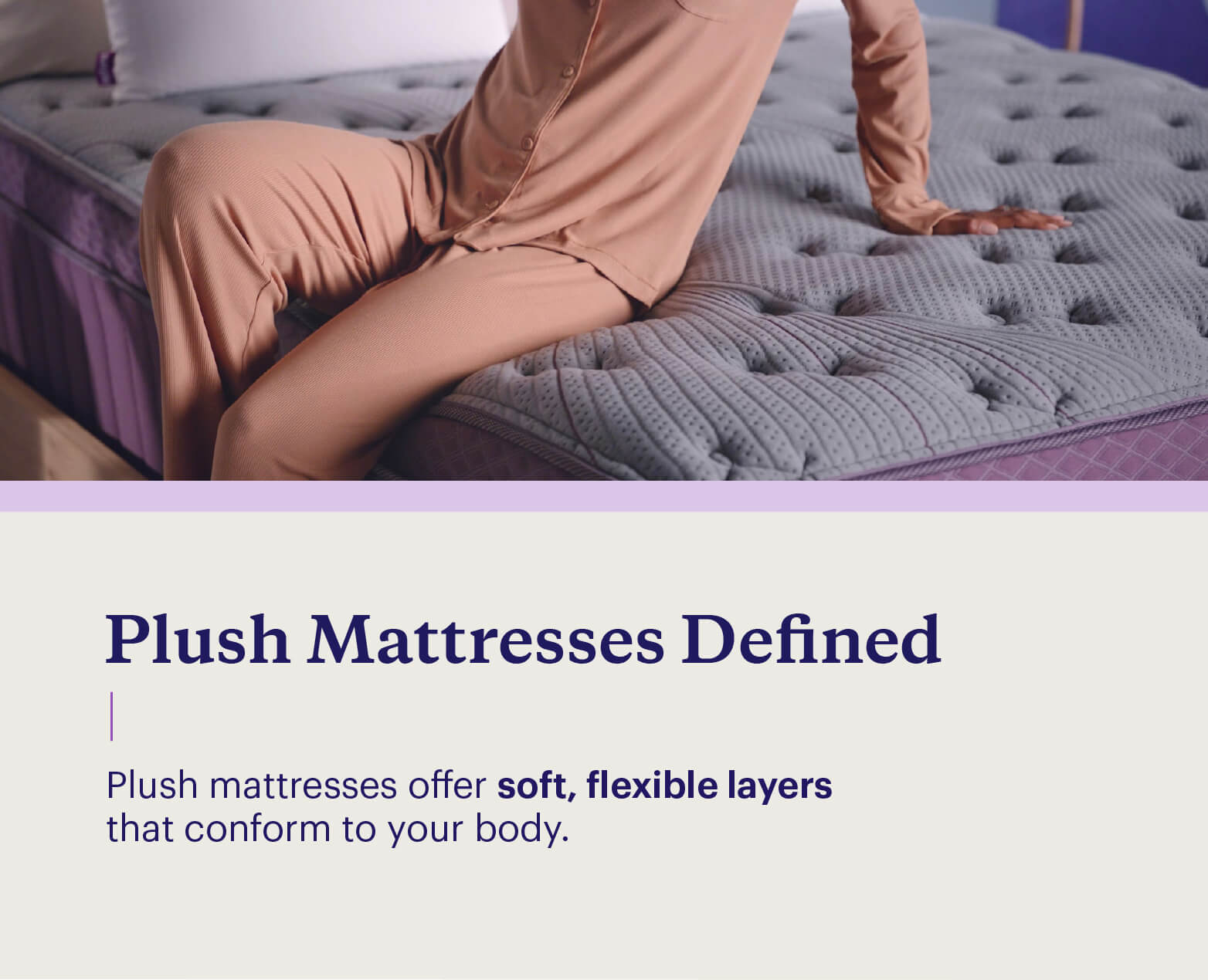 A graphic shows a woman sitting on a plush mattress and answers what is a plush mattress.