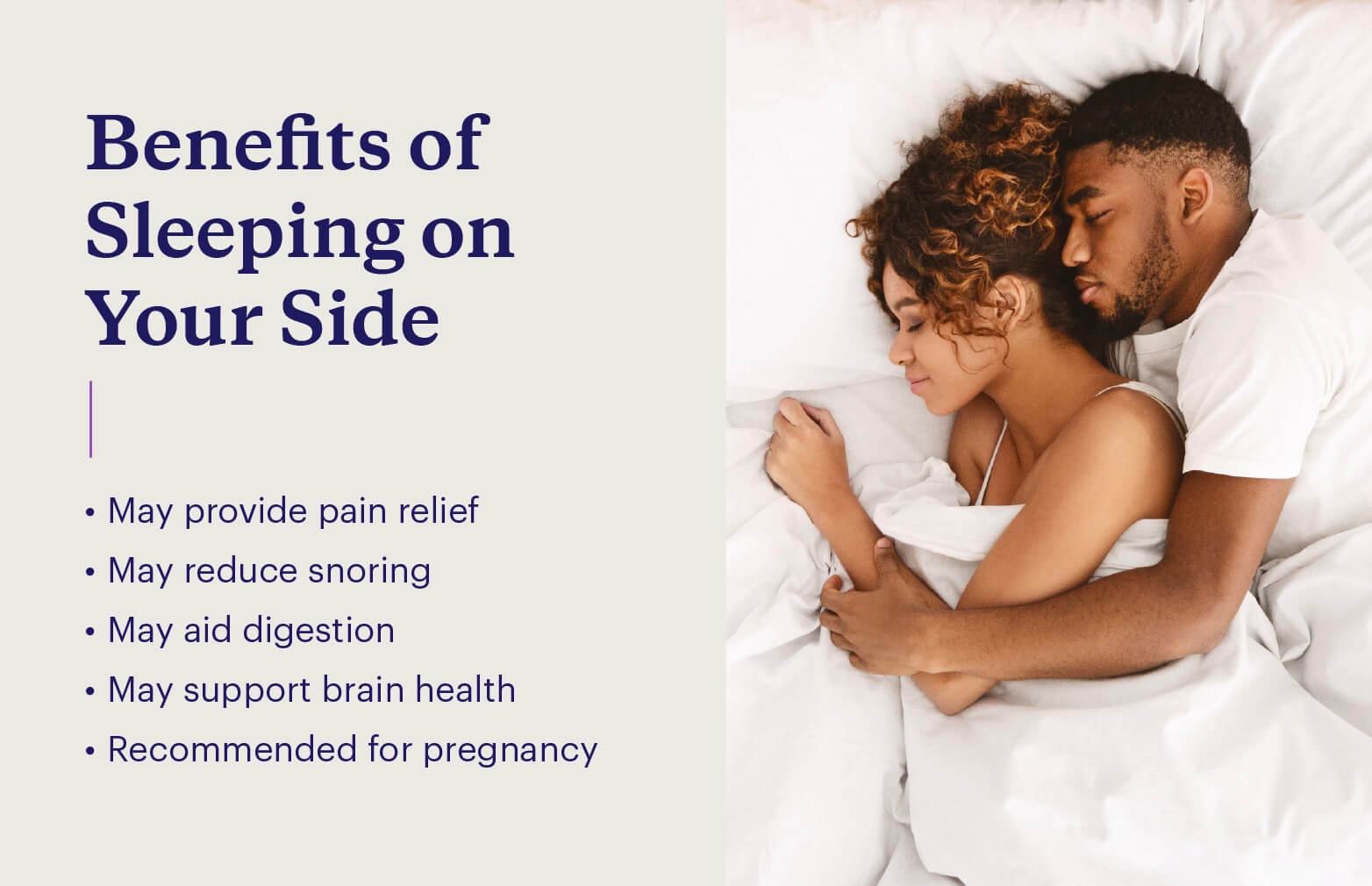 Five benefits of side sleeping with a photo of a couple sleeping on their sides.