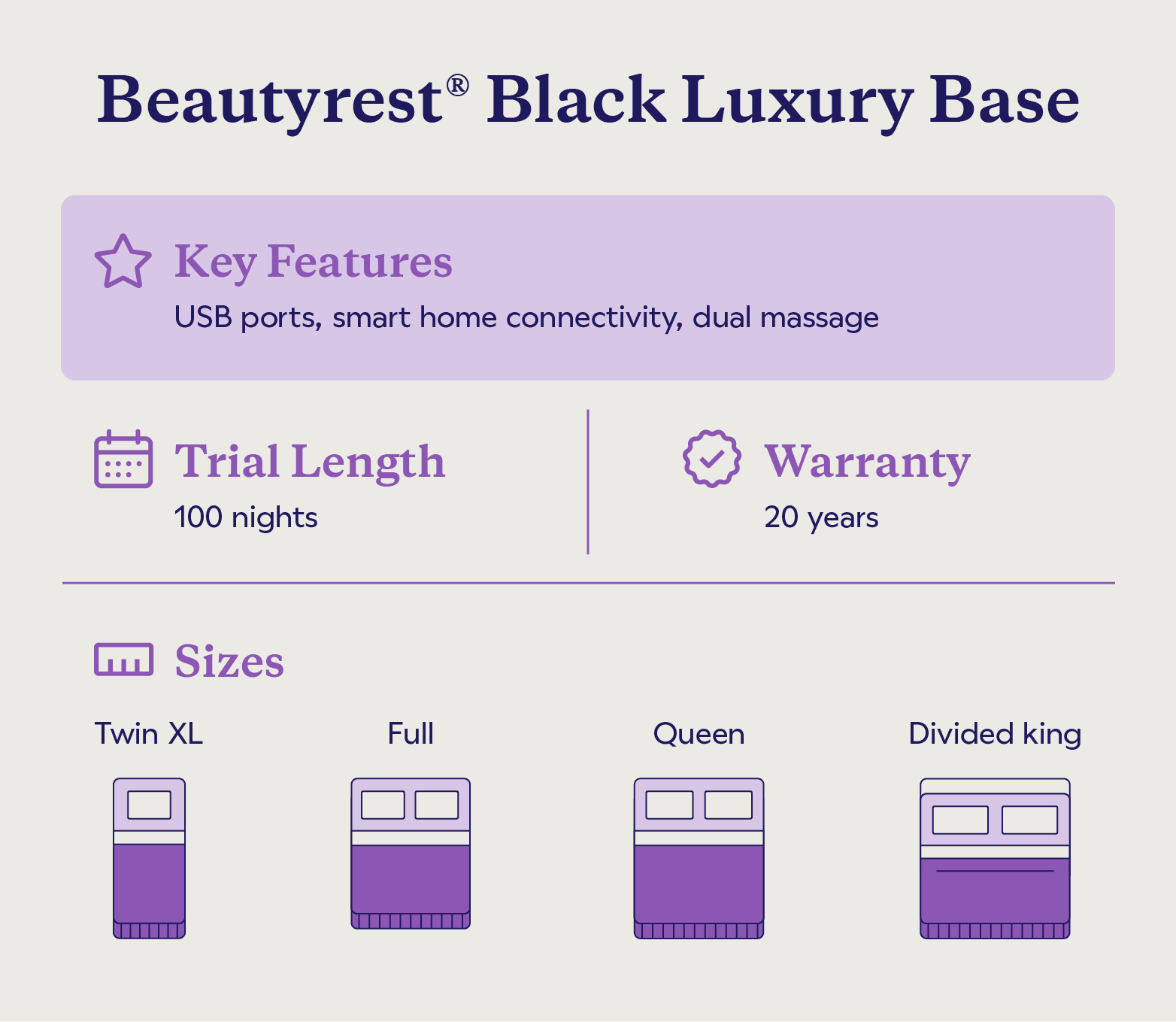 Key features and sizes of the Beautyrest Black Luxury Base.