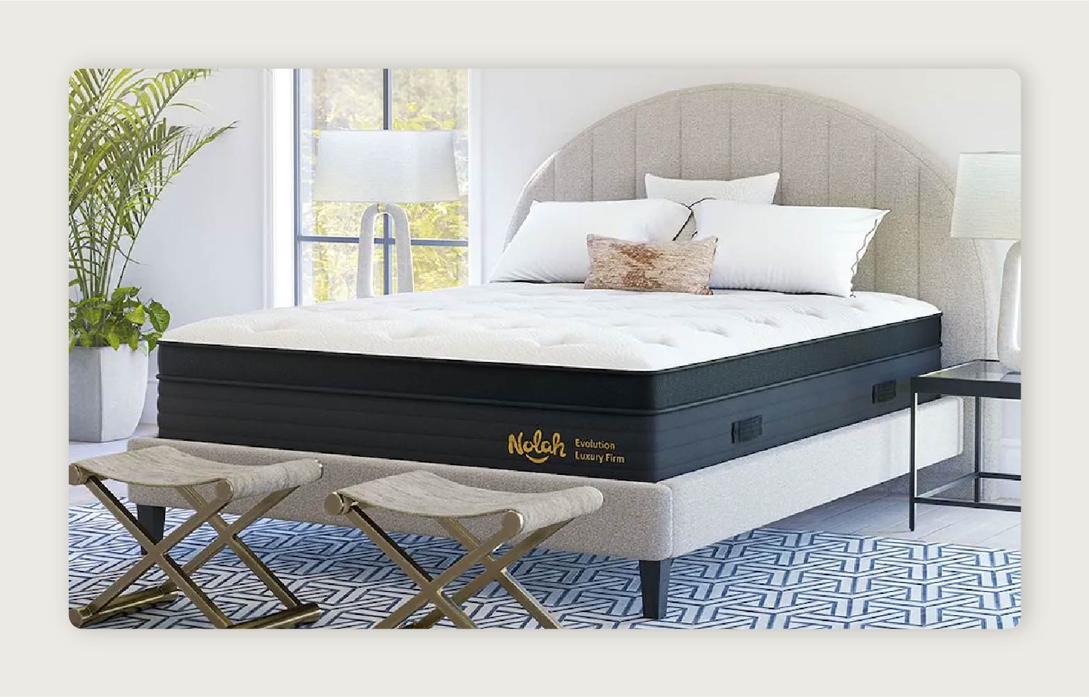 The Nolah Evolution 15” Mattress in a bright room with a tall green plant and two small tables. 