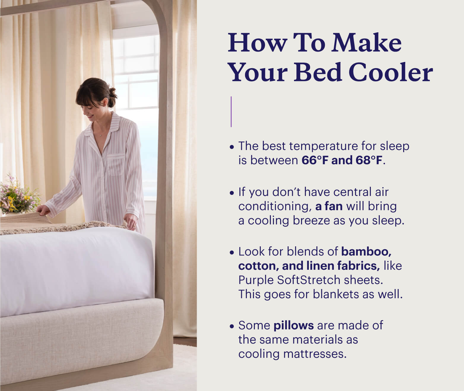A graphic shows tips to make your bed cooler next to a woman putting a sheet over a Purple mattress.