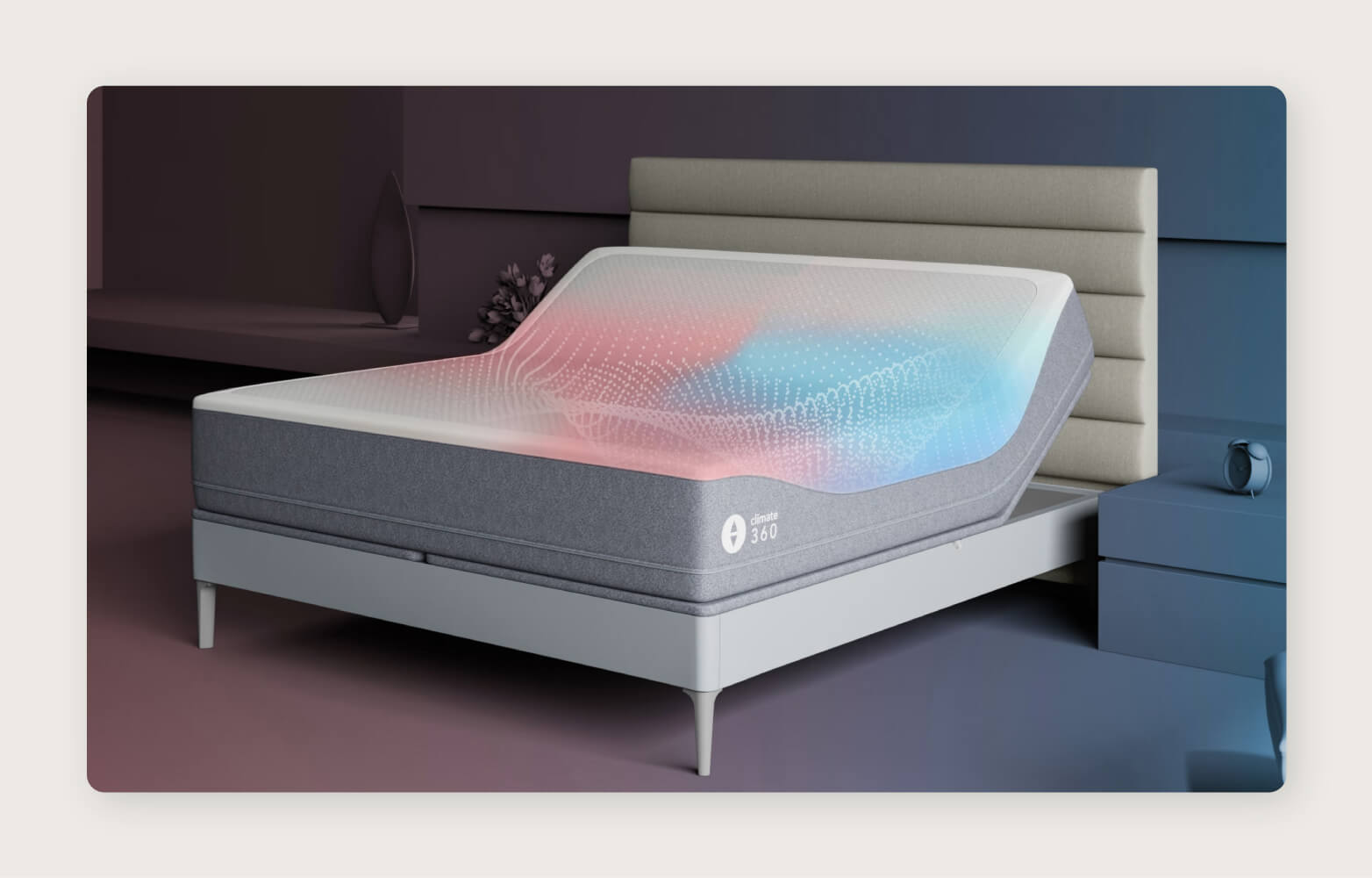An inclined Sleep Number Climate360 Smart Bed in a plain gray room. 