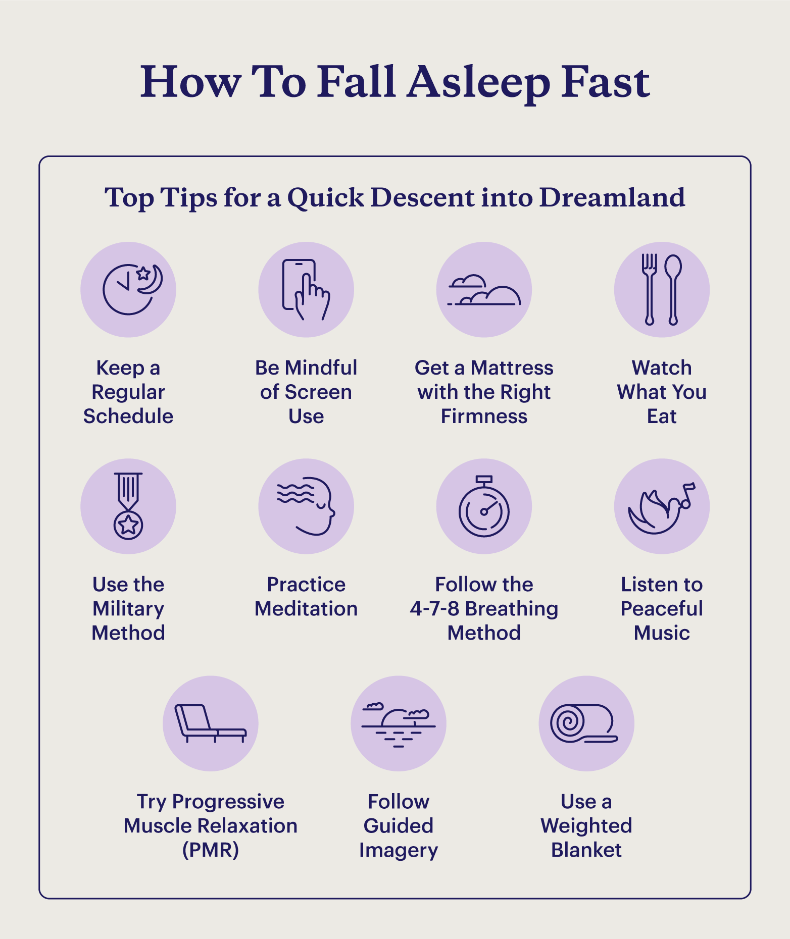 A graphic with icons lists 11 tips for how to fall asleep fast.