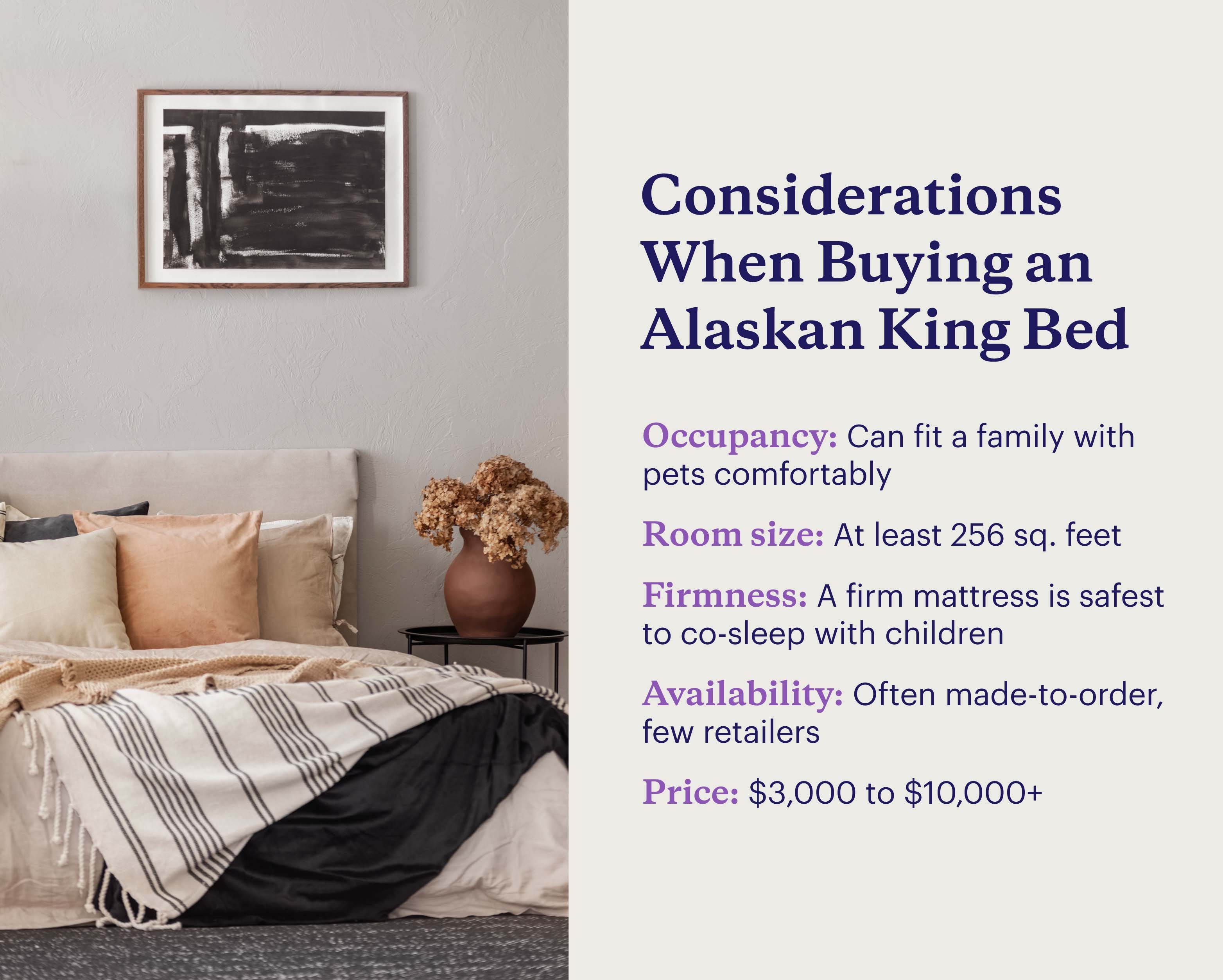  A graphic lists five considerations when buying an Alaskan king bed, including occupancy, room size, firmness, availability, and price.