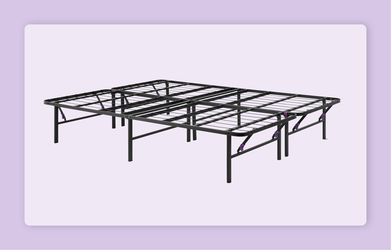 The metal Purple Platform Bed Frame lays flat before a light purple background.