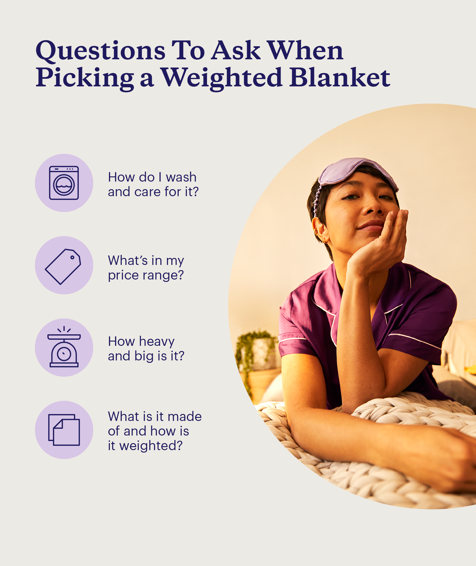 Photo of a person in bed with a weighted blanket and a list of criteria to consider when choosing a weighted blanket.