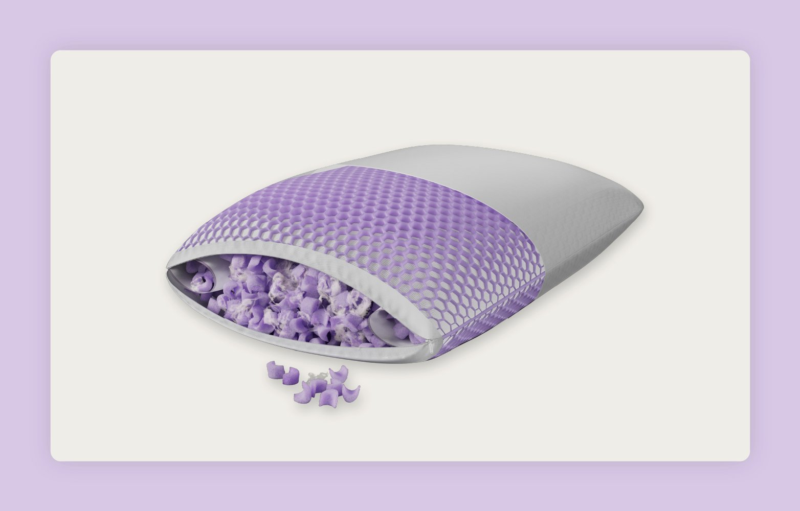 Purple’s Freeform™ Pillow showing the honeycomb GelFlex® Grid and MicroFlex Moon Foam fill.