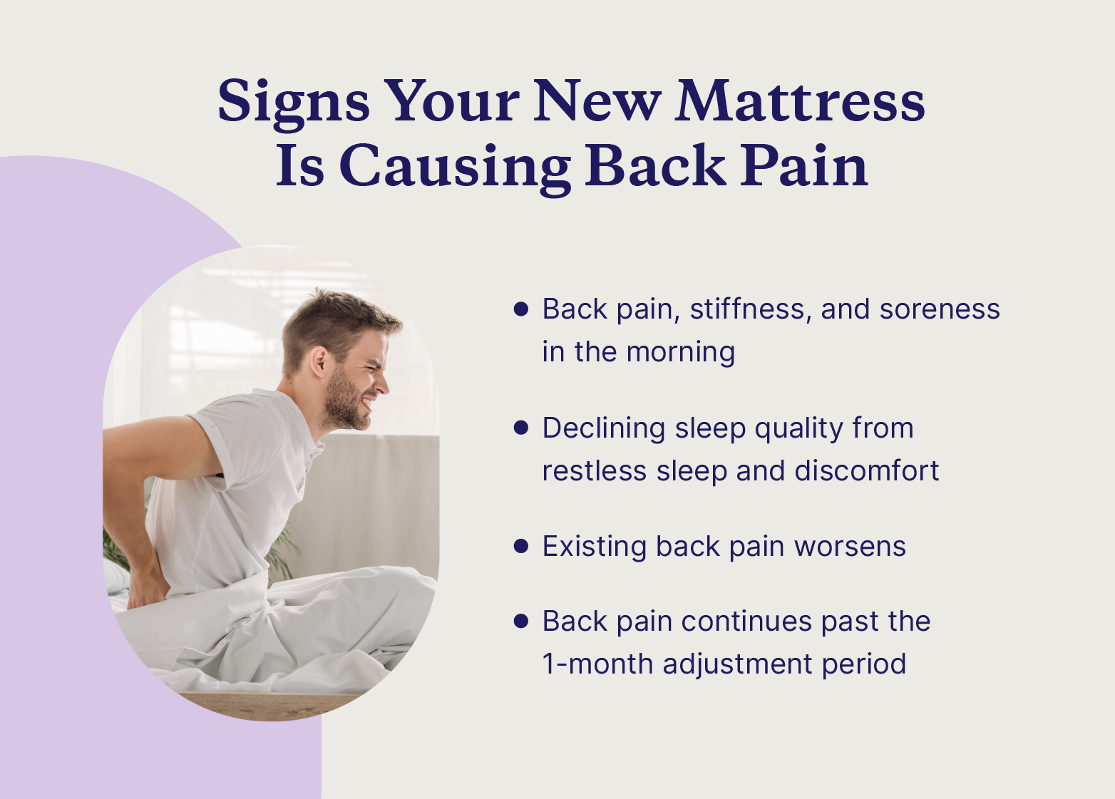A man winces and rubs his lower back alongside four signs of new mattress back pain.