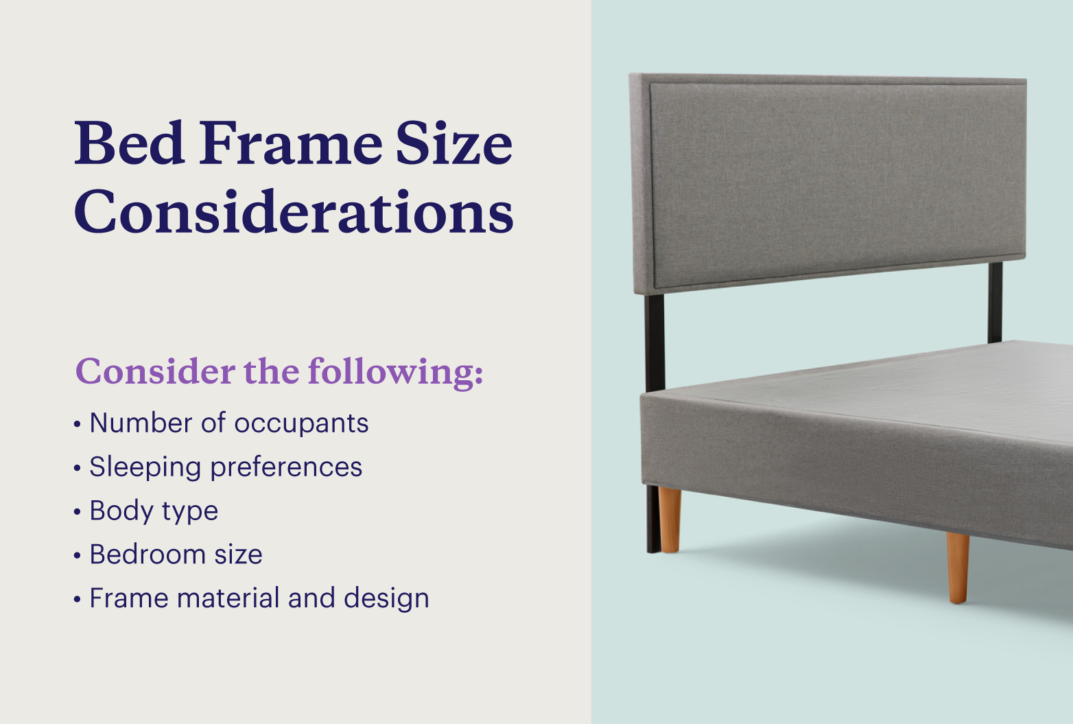 Graphic shows five factors to consider when selecting bed frame size with a photo of the Purple Bed Frame.