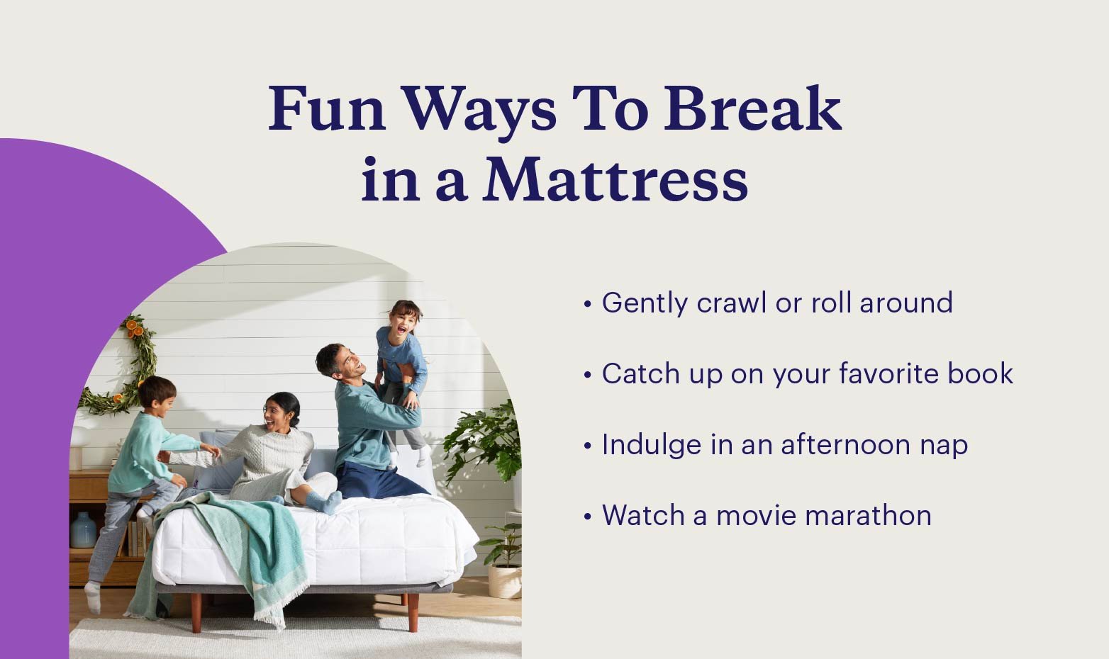 Graphic with four ways to break in a mattress with an image of a family on a bed.