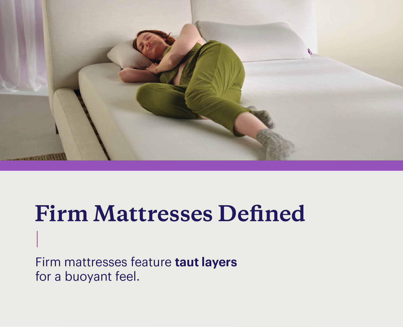 A graphic shows a woman laying on a firm mattress and defines what is a firm mattress.