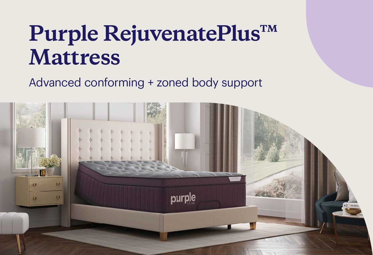 Purple’s RejuvenatePlus™ in a bright bedroom.