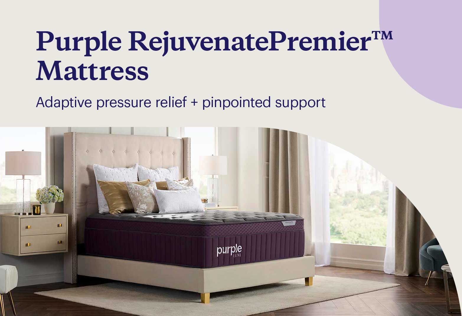 Key features of the Purple RejuvenatePremier™ mattress shown with the bed on an upholstered bedframe in a contemporary bedroom.