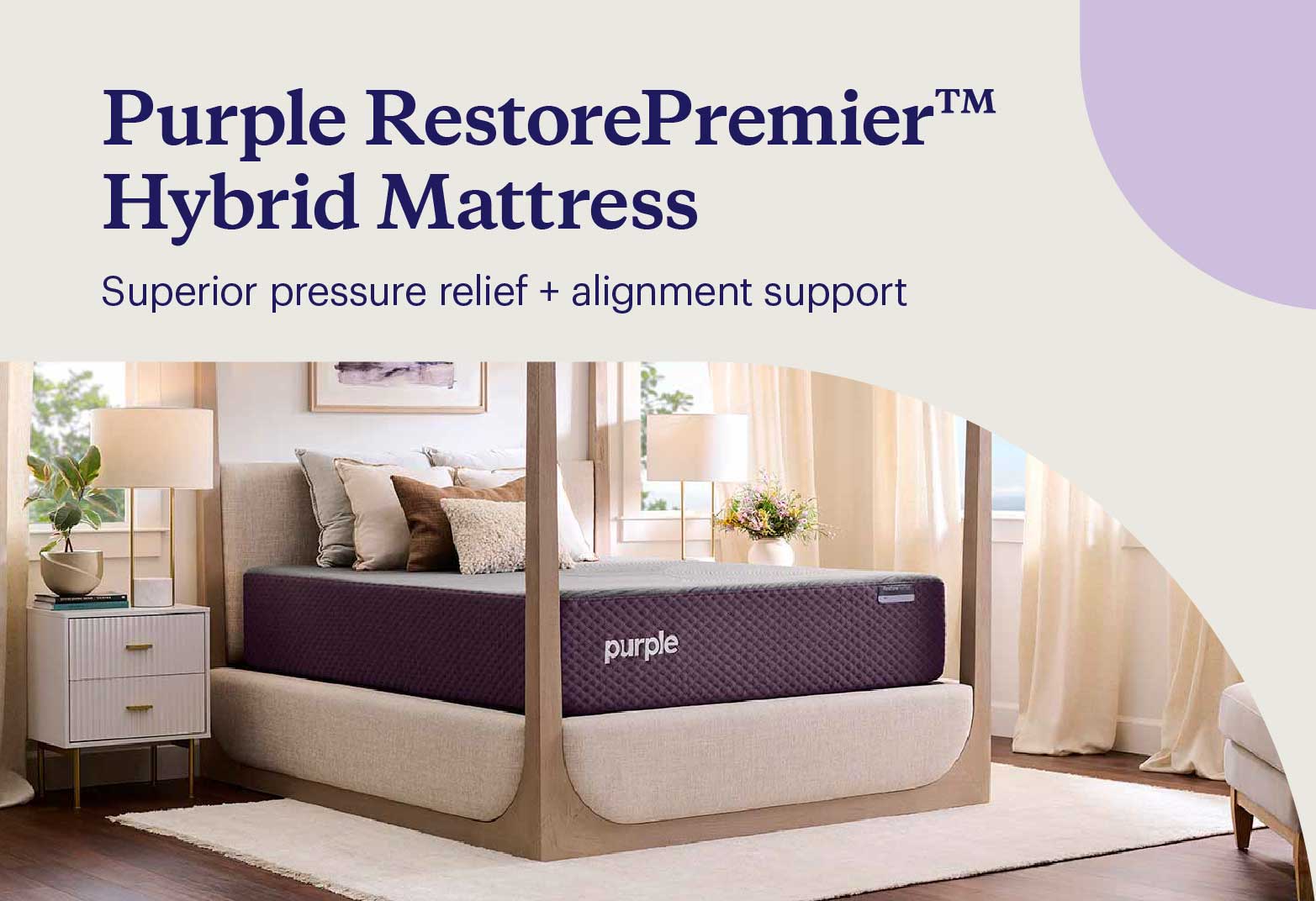 Key features of the RestorePremier™ Hybrid shown with the mattress on a poster-style bedframe in a luxurious bedroom.