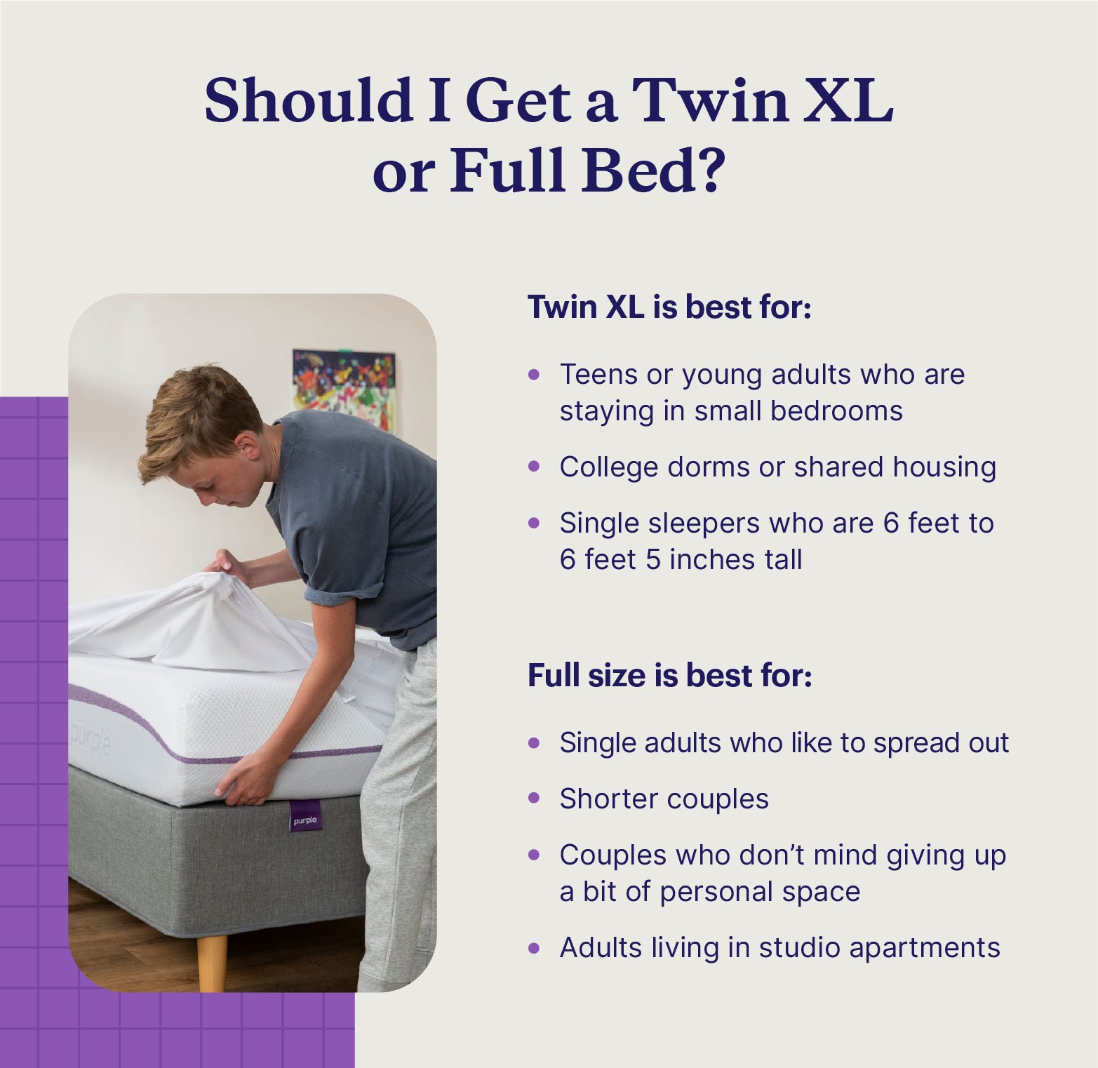 A graphic describing who twin XL and full mattresses are best for.