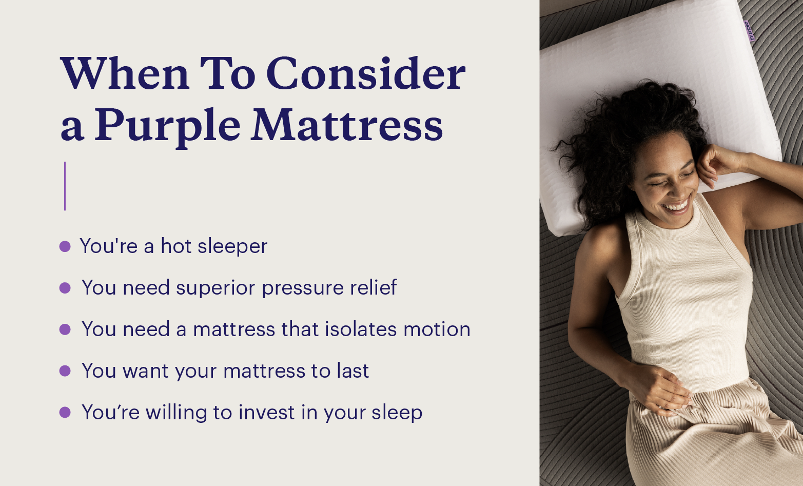 Graphic describing 5 reasons you may consider buying a Purple mattress. 