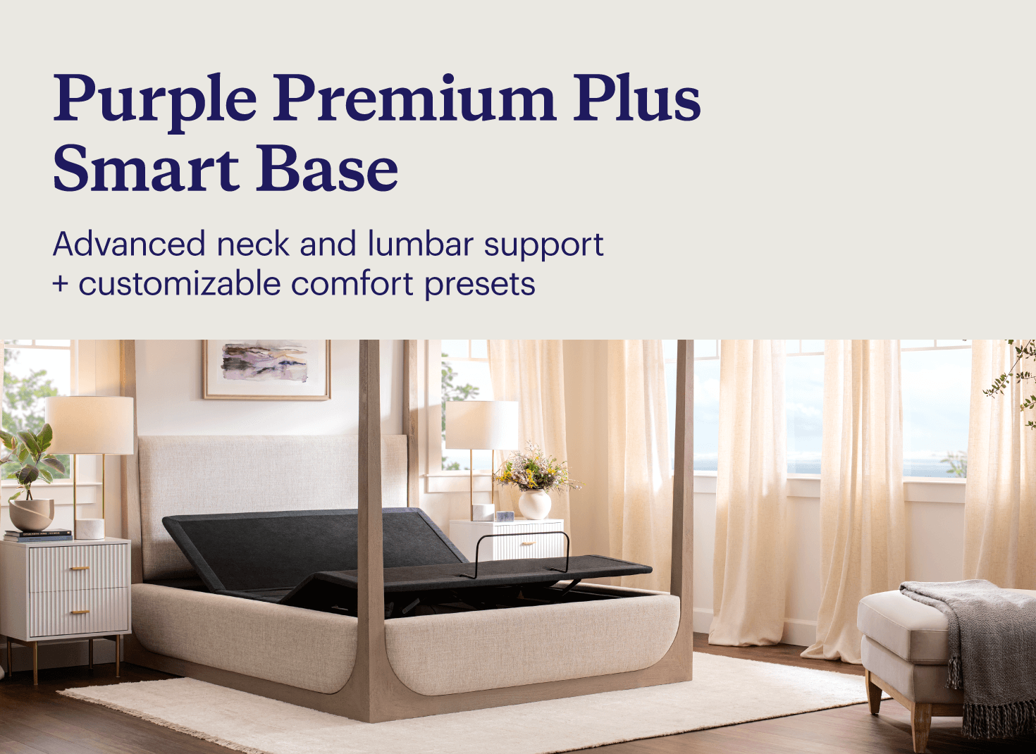  Key features of the Purple Premium Plus Smart Base shown in a bright and airy bedroom.