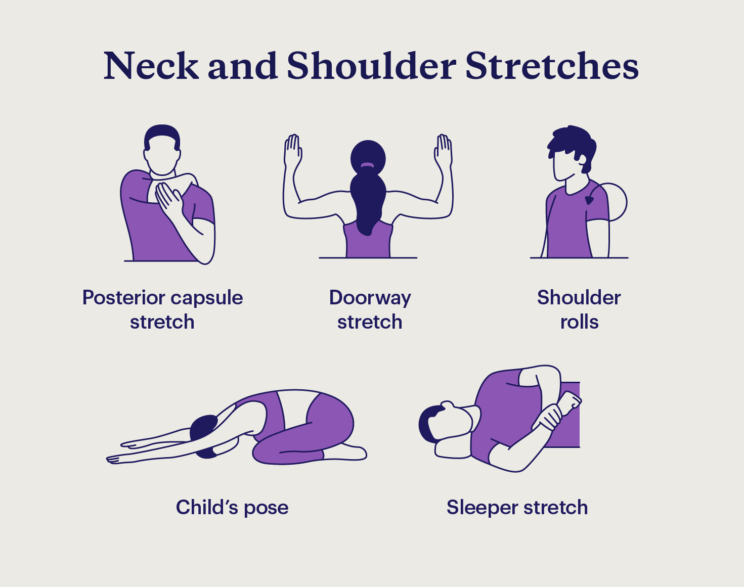 Various stretches to relieve neck and shoulder pain.