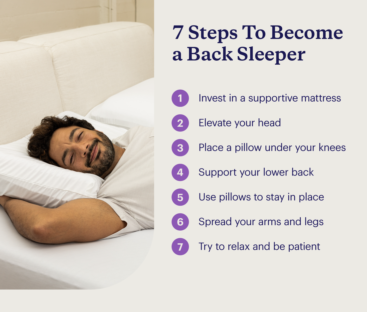 List of seven steps for how to train yourself to sleep on your back next to a man sleeping peacefully on his back.