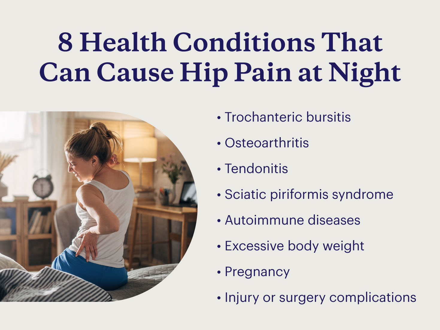 8 health conditions that can cause hip pain while sleeping with an image of someone experiencing hip pain in bed.