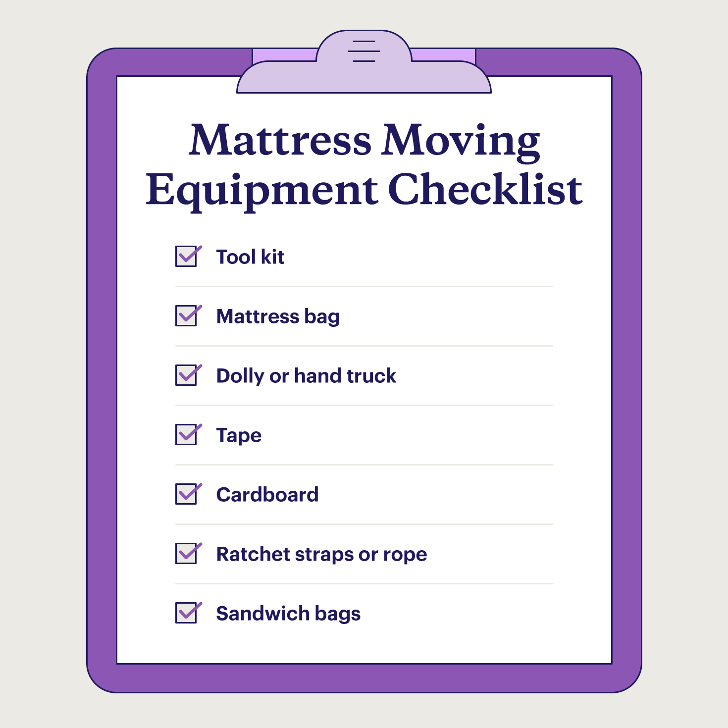 Clipboard illustration showing a mattress moving equipment checklist with seven items, including a mattress bag and a dolly.