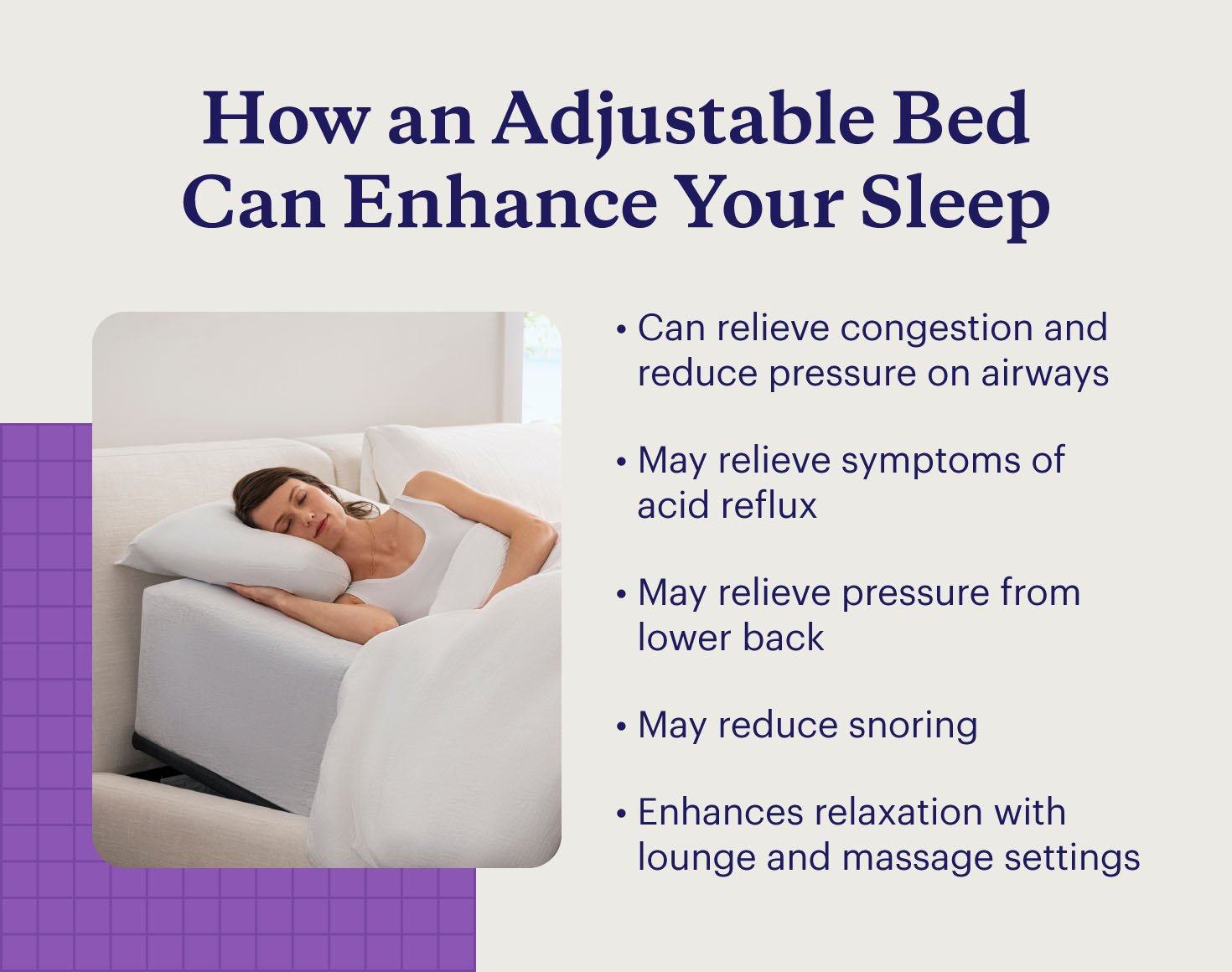 Five ways adjustable beds can enhance your sleep next to a woman sleeping with her head elevated on an adjustable bed.