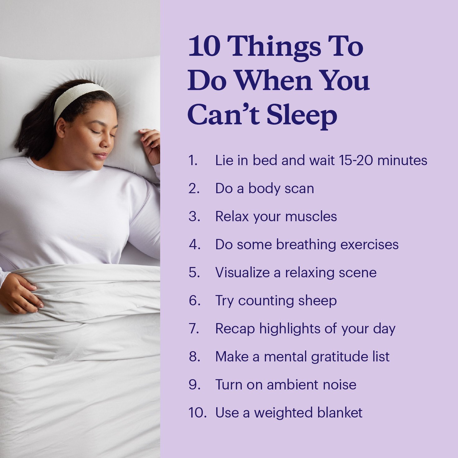 List of 10 things to try when you can’t sleep with a photo of a woman meditating in bed.