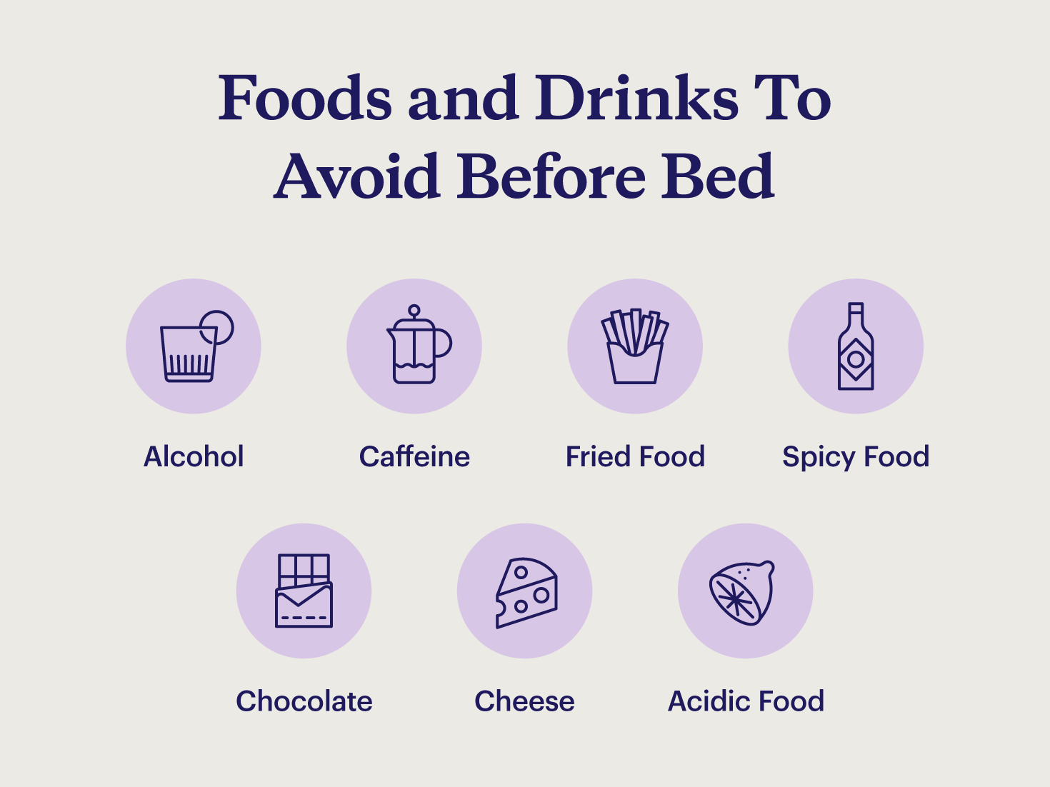 A list of foods to avoid before bed, including alcohol, fried food, and caffeine.