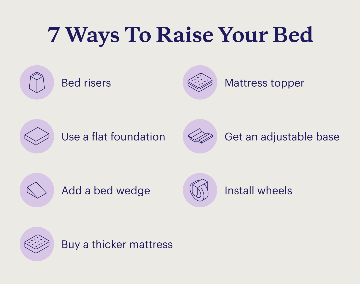 Make your bed higher in 7 ways including bed risers, wheels, and different bases.