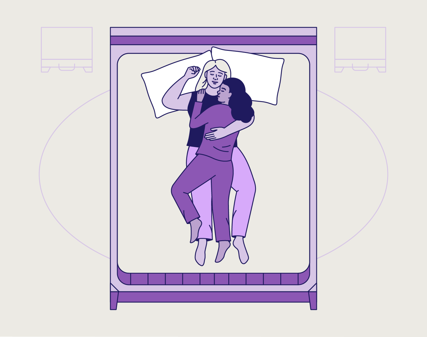 A feminine individual lying on their stomach atop their partner in bed.