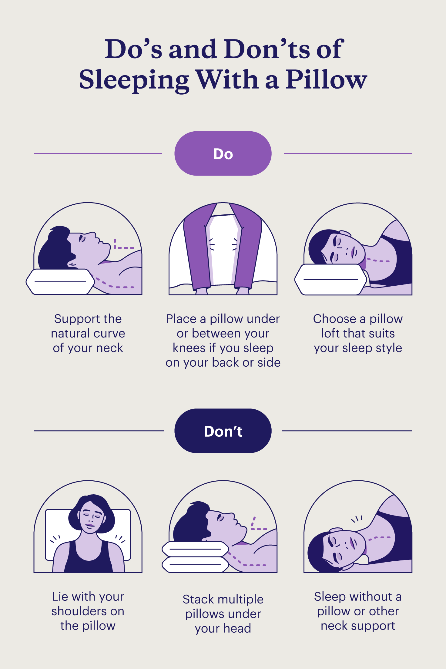 Depictions of three ways you should sleep with pillows and three ways you shouldn’t.