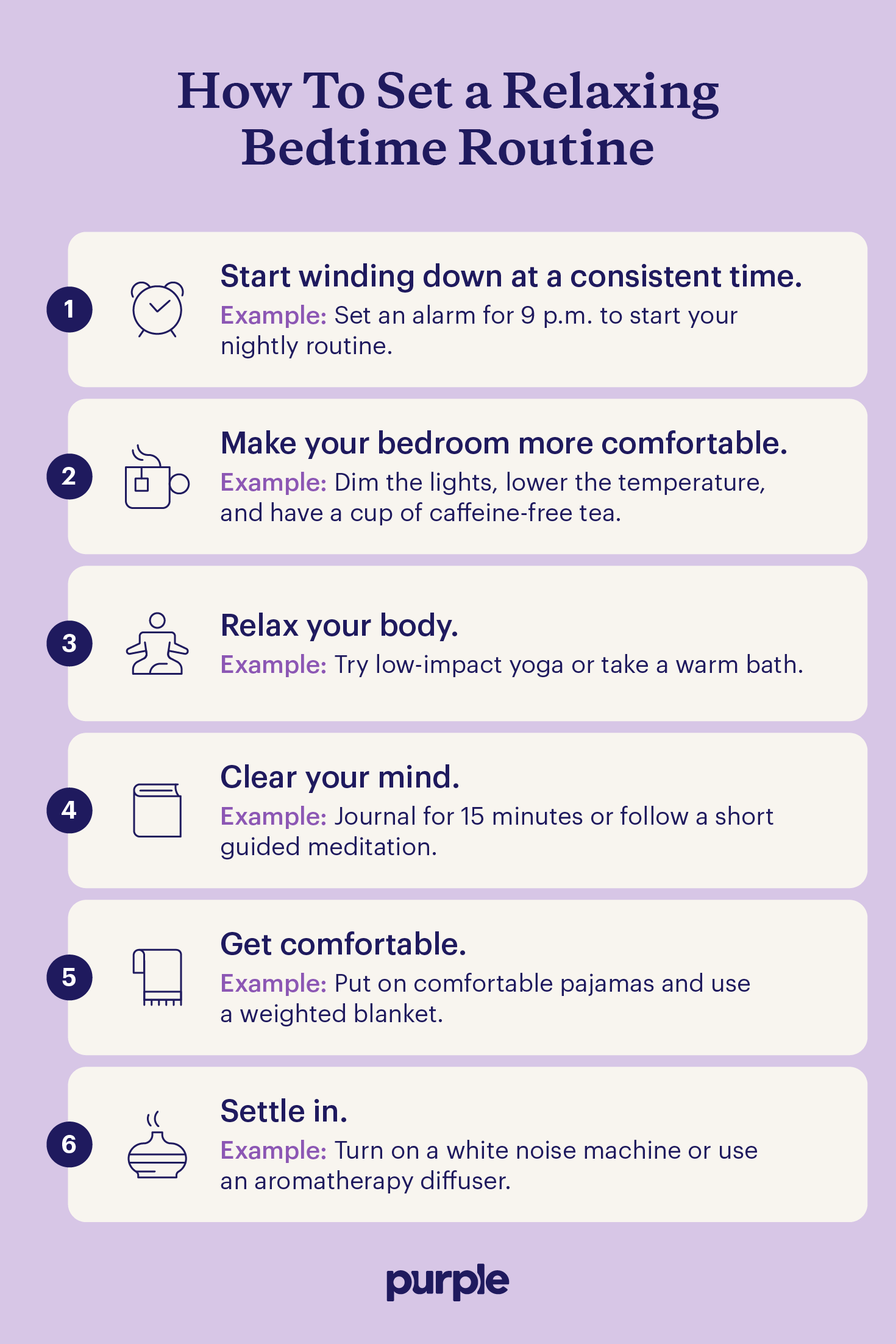 Six steps to setting a healthy bedtime routine for adults.