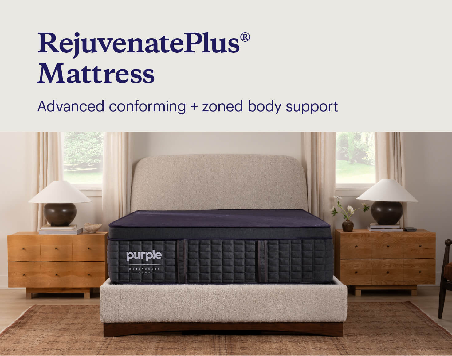 A Purple RejuvenatePlus mattress with text describing unique features.