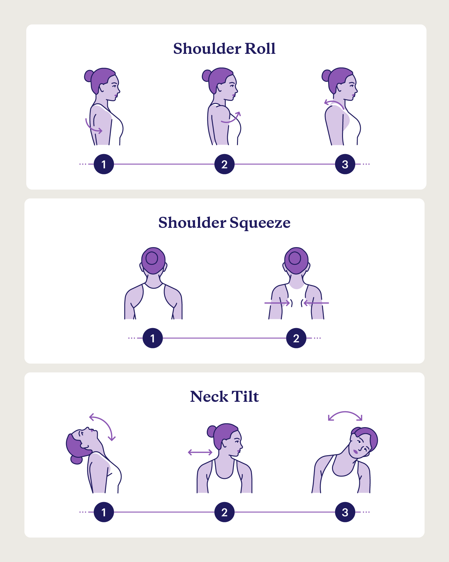 Depictions of three stretches to help relieve neck pain.