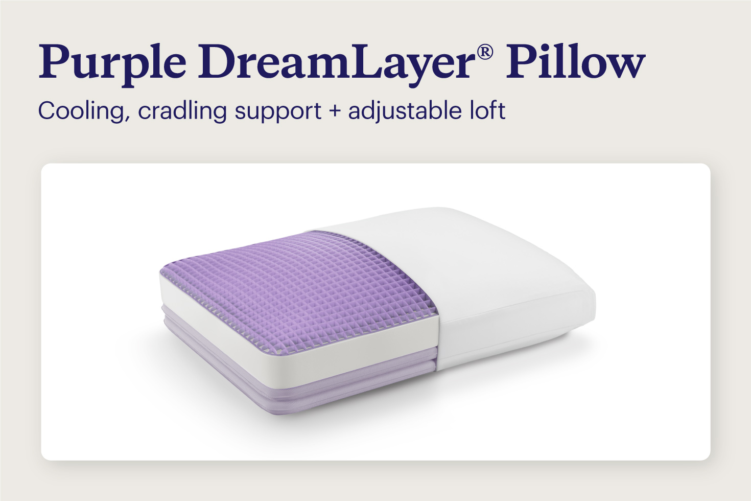 The Purple DreamLayer cooling pillow describing adjustable height and cradling support.