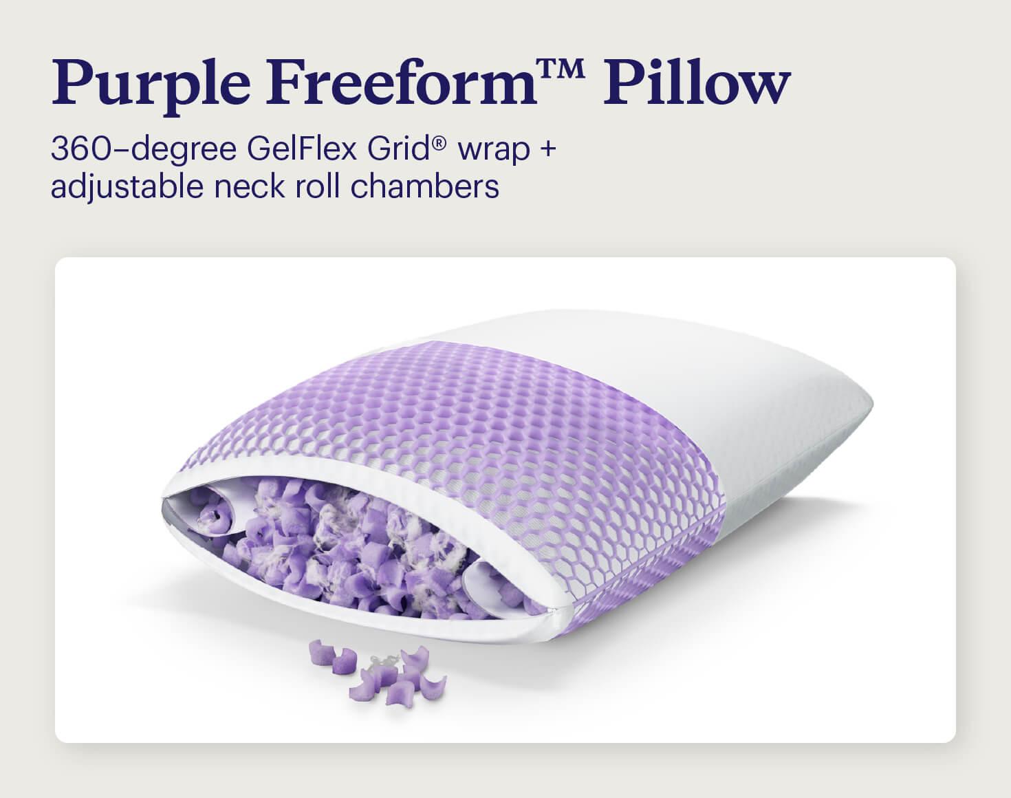 The Purple Freeform Pillow with key features like 360-degree grid and adjustable chambers highlighted.