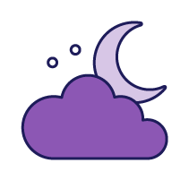 Illustrated icon of a purple crescent moon and a dark purple cloud.