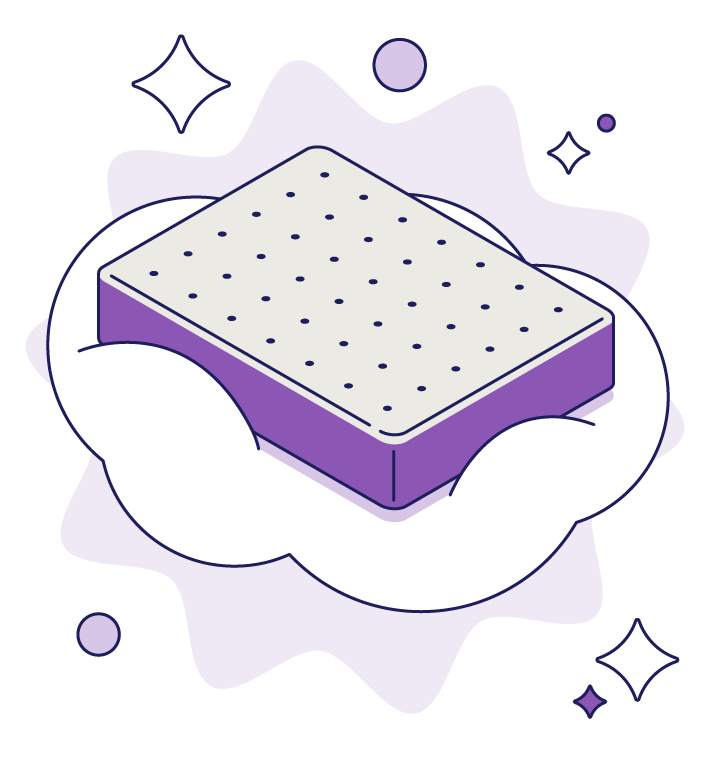 Illustration of a stylized Purple Rejuvenate mattress on a cloud.