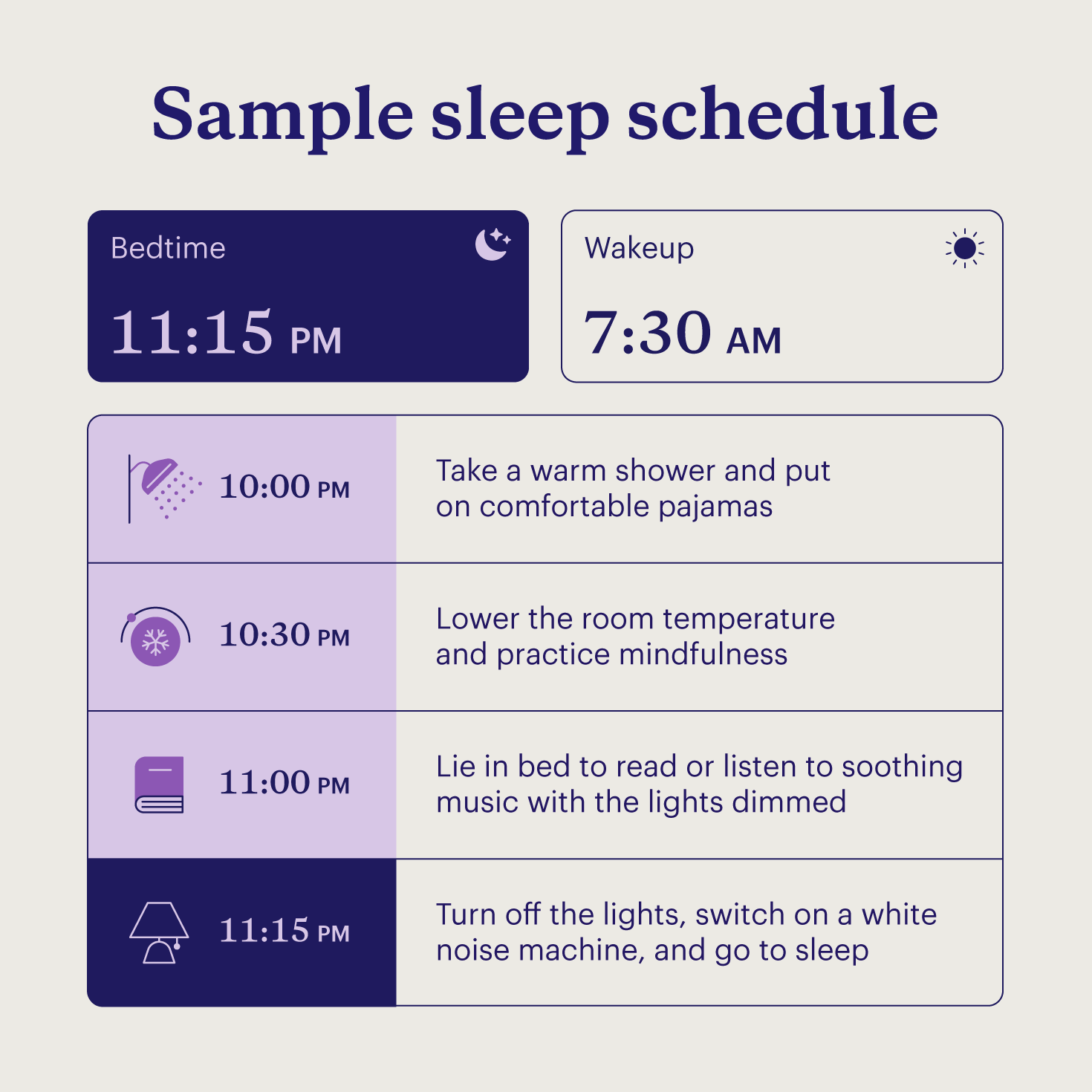 An example of a healthy bedtime routine and sleep schedule with a set bedtime and wake-up time for 8 hours of sleep.