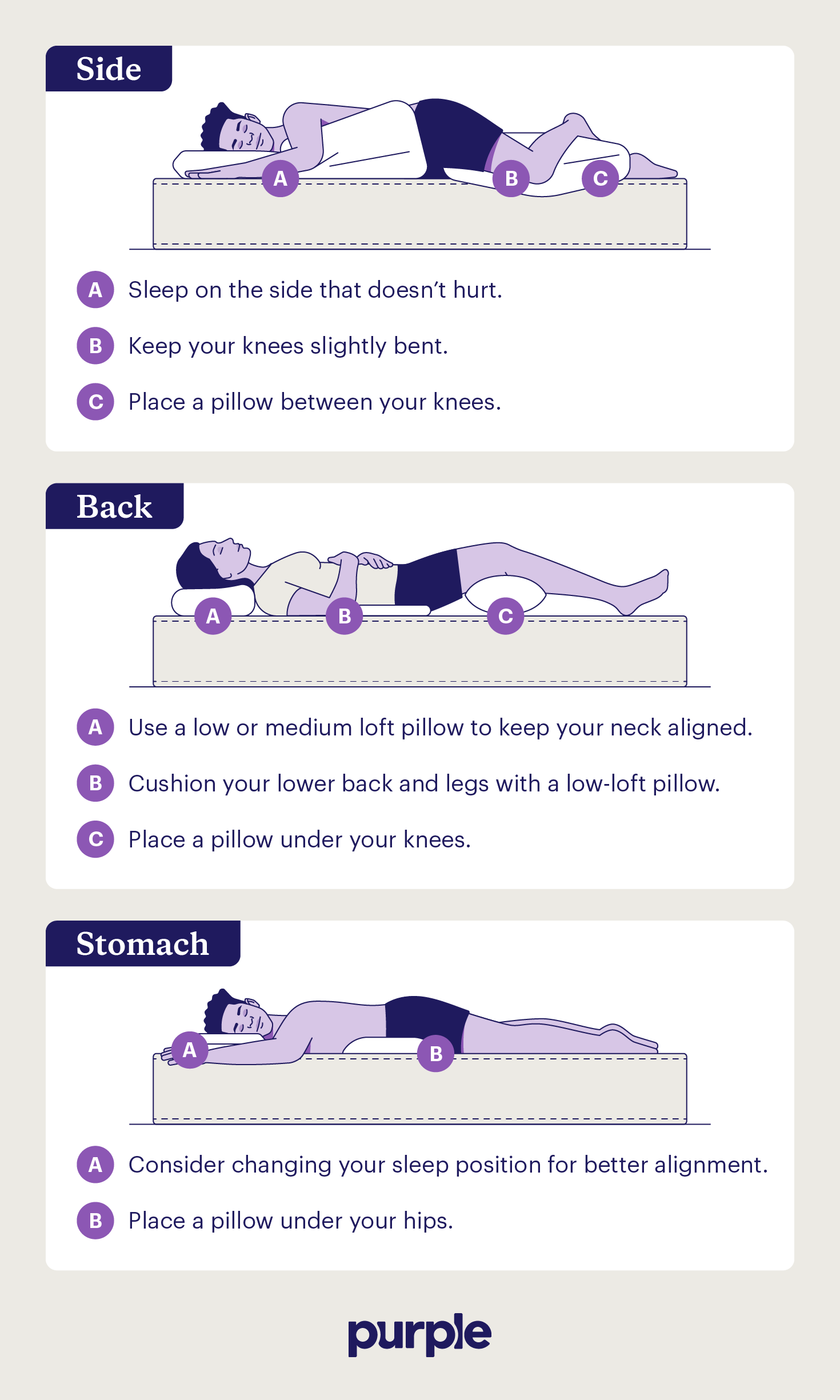 Tips for sleeping with hip pain on your side, back, and stomach.