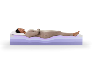 Woman laying on Purple Plus with exposed mattress layers