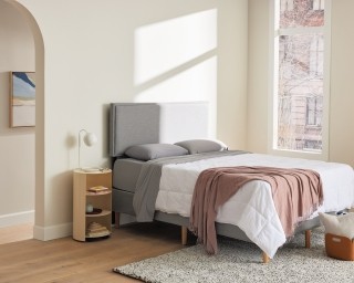 Bedroom scene with Purple Mattress, Bed Frame & Bedding