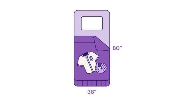 Illustration of a baseball jersey and mitt with a ball on a twin XL size bed with measurements 38-by-80 inches.