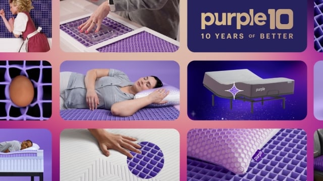 10th Anniversary collage featuring Purple mattresses, pillows and GelFlex Grid
