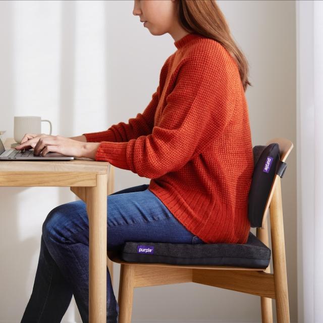 Sitting at a desk with Purple Seat Cushions