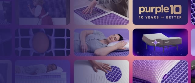10th Anniversary collage featuring Purple mattresses, pillows and GelFlex Grid