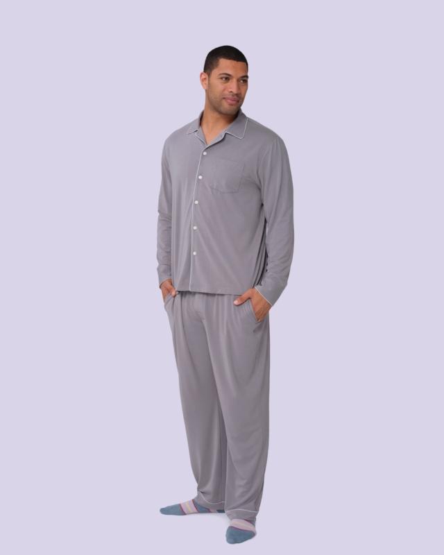 Man wearing stormy grey Sleepy Jones PJs