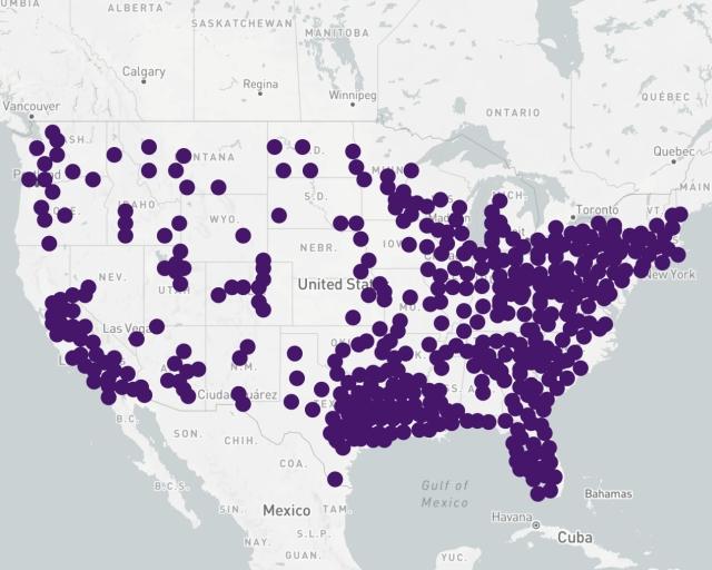 USA map of stores carrying purple products 
